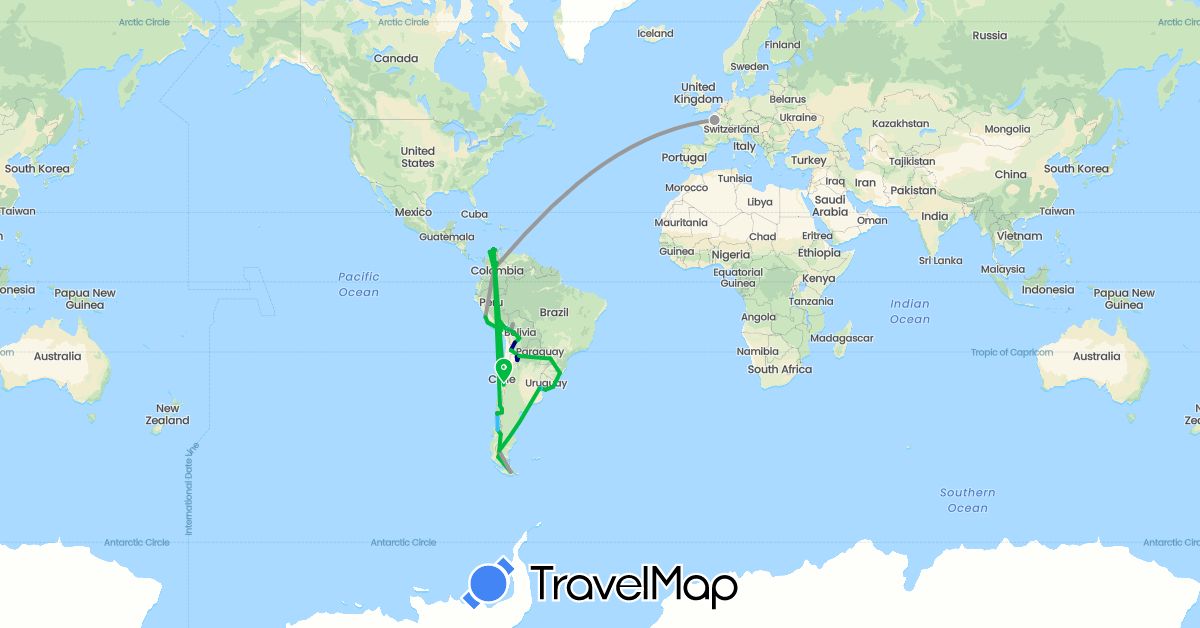 TravelMap itinerary: driving, bus, plane, boat, hitchhiking in Argentina, Bolivia, Brazil, Chile, Colombia, France, Peru, Uruguay (Europe, South America)